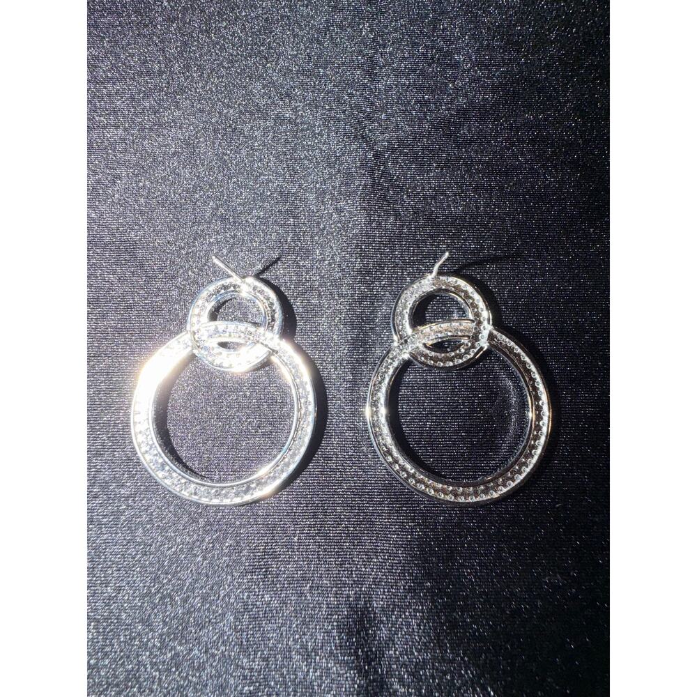 Sterling 925 Double Circle Hoop Earrings with post mounted drops 1.5” long